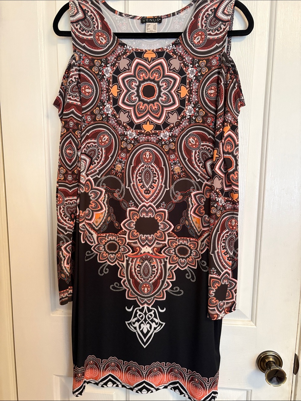 VENUS Black Dress with Coral and Peach Paisley Print